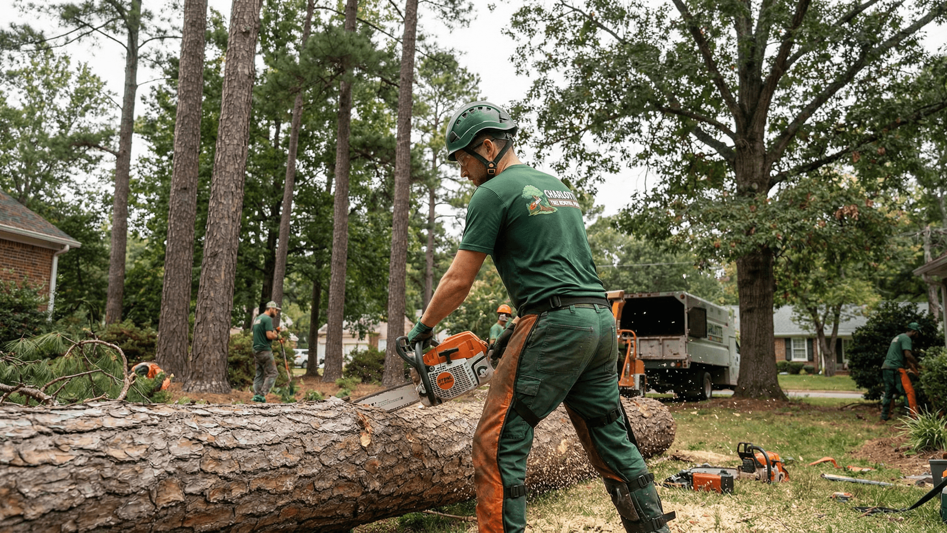 Technician in a branded uniform uses a chainsaw to prune a large oak tree in a residential backyard setting.