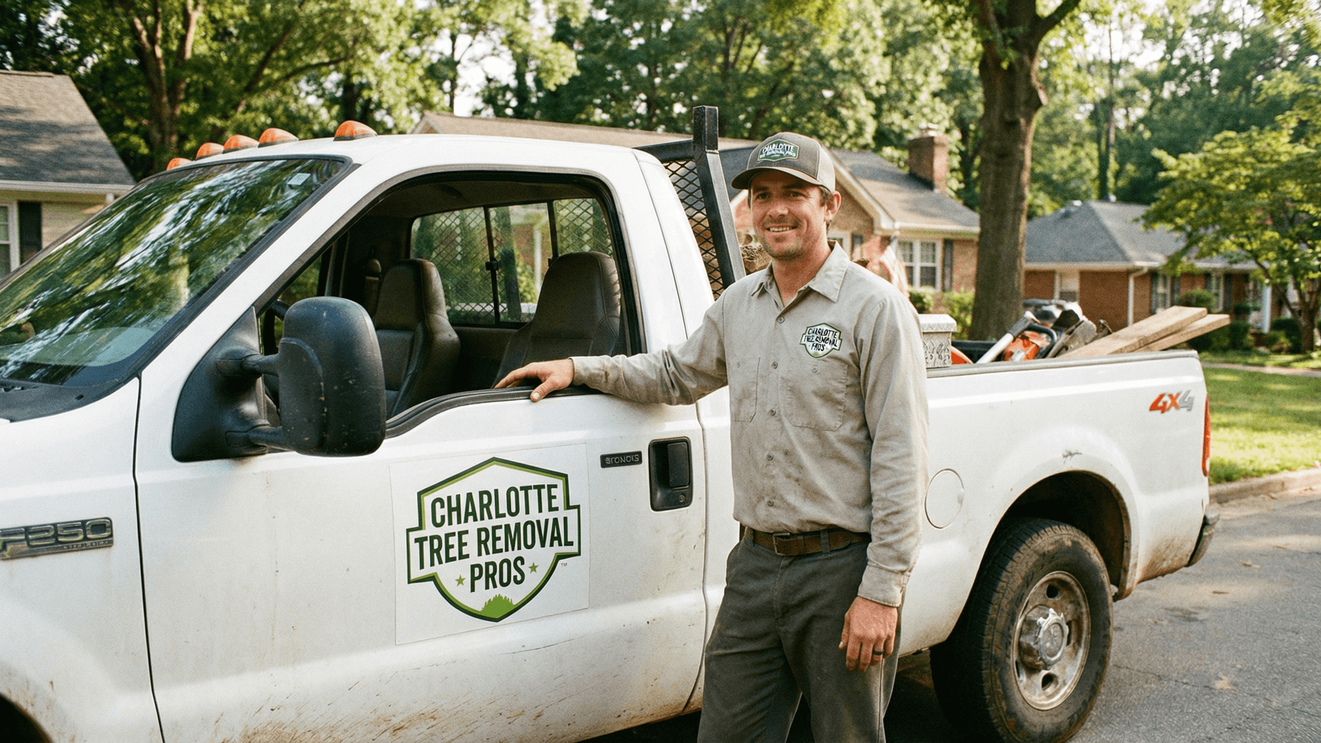Charlotte Tree Removal team member standing beside company service truck in Charlotte