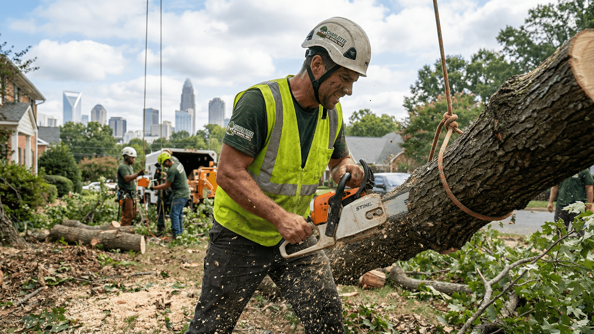 Charlotte Tree Removal technician in a branded uniform prunes a large oak tree at a residential job site in Charlotte.